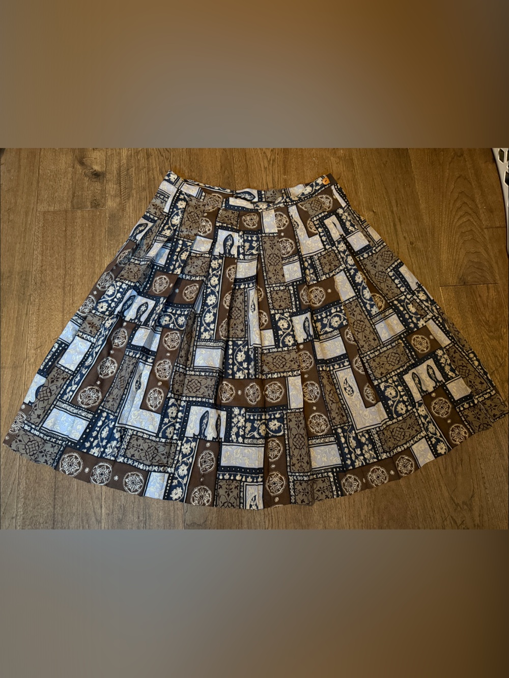 Vintage A-line pleated wool skirt with patchwork design, full satin lining